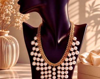 May include: A gold-toned necklace with multiple strands of linked chain and cascading faux pearls. The necklace is displayed on a black mannequin bust. The pearls are white and round, creating a classic and elegant look.