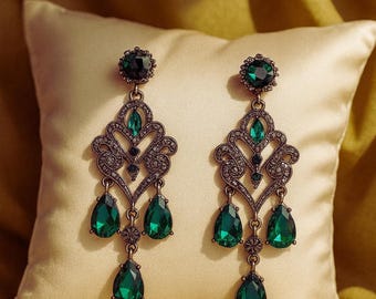 Emerald Green Crystal Drop Earrings, Vintage Baroque Rhinestone Jewelry