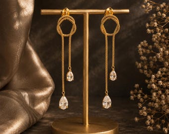 Gold Geometric Tassel Earrings, Cubic Zirconia Dangle Jewelry, Modern Minimalist Earrings