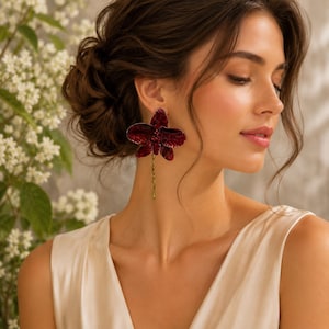 Oversized Burgundy Orchid Statement Earrings, Wine Red Floral Jewelry, Gothic Glam Style