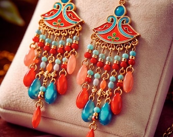 Boho Dangle Earrings, Colorful Beads, Acrylic Drops, Vintage Style