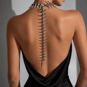 Skeleton Spine Back Necklace, Gothic Punk Statement Jewelry, Silver Gold Alloy
