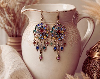 Boho Chandelier Earrings, Colorful Gemstone Earrings, Vintage Ethnic Jewelry, Statement Dangle Gift for Women