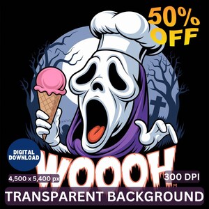 Op de afbeelding: Een digitale grafische illustratie met een wit spookachtig personage met een koksmuts en paarse mantel, die een roze ijshoorntje vasthoudt. De achtergrond toont een volle maan, kale bomen en een grafsteen. Tekst bevat 50% OFF en WOOOH.