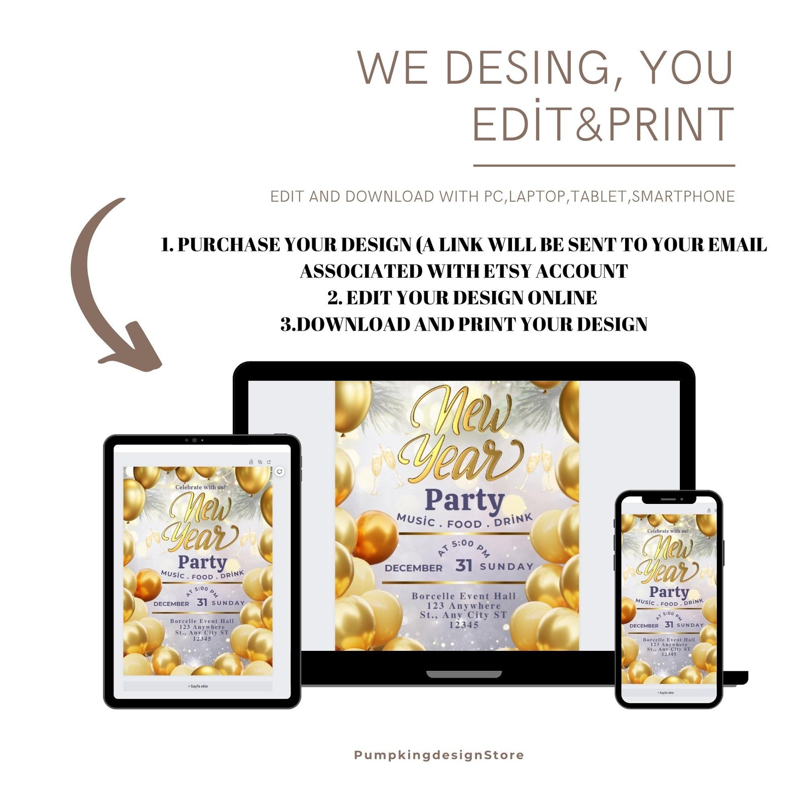 Editable New Years Eve Party Invitation. Holiday Party Invite. Blue ...
