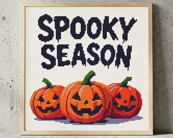 Three Pumpkins Spooky Season Cross Stitch Pattern: Halloween Quote Art, Autumn Gourd Design (PDF)