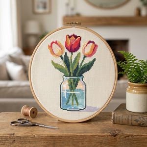 May include: A circular wooden embroidery hoop containing a cross-stitch pattern of three tulips in a glass jar. The tulips are red, orange, and yellow with green stems and leaves. The jar is light blue with visible water and a subtle purple shadow.