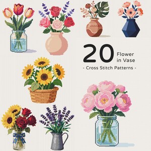 以下が含まれることがあります： 20種類のFlower in Vaseクロスステッチパターン集。ガラス瓶に入ったチューリップ、陶器の花瓶に入ったバラ、バスケットに入ったヒマワリ、ピンクのピオニーなど、様々なフラワーアレンジメントがグリッド上にデザインされています。