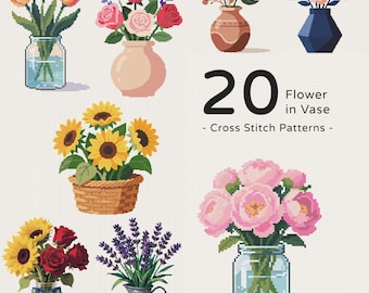 20 Flower In Vase Cross Stitch Pattern Bundle, Bouquet Basket Jar Pot Collection (PDF)