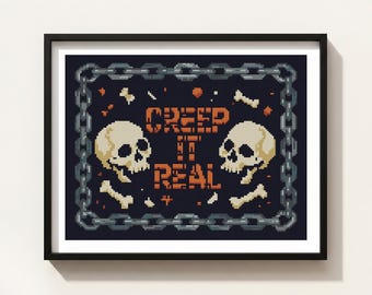 Halloween Skull Cross Stitch Pattern: Creep It Real Typography, Iron Chain Border Landscape (PDF)