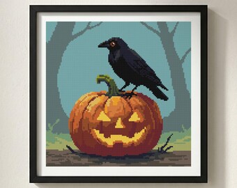 Crow Jack O Lantern Cross Stitch Pattern: Spooky Halloween Gourd, Autumn Forest Chart (PDF)