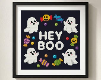 Hey Boo Ghost Cross Stitch Pattern: Halloween Candy Wreath, Pastel Autumn Festival Chart (PDF)