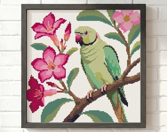 Green Parrot Cross Stitch Pattern: Desert Rose Branch, Tropical Floral Bird Chart (PDF)