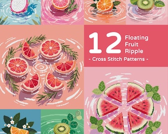 12 Floating Fruit Ripple Cross Stitch Pattern Bundle: Summer Sliced Tropical Splash Pool (PDF)