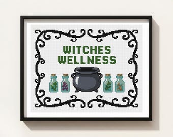 Witches Wellness Cross Stitch Pattern: Magic Cauldron Herb Bottle, Halloween Vine Border Chart (PDF)