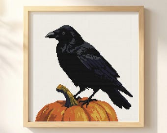Black Crow Pumpkin Cross Stitch Pattern: Autumn Gourd Scene, Halloween Spooky Bird Chart (PDF)