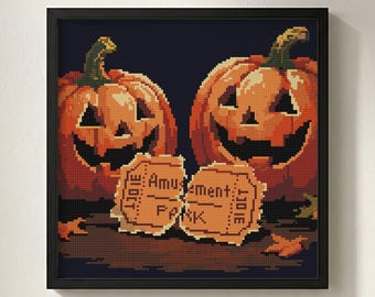 Halloween Ticket Cross Stitch Pattern: Twin Pumpkin Amusement Park Spooky Chart (PDF Download)