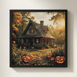 May include: A square framed pixel art print depicting a rustic house surrounded by autumn trees and glowing jack-o'-lanterns on the ground. The scene features warm golden sunlight filtering through the foliage, creating a cozy atmosphere.