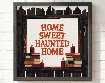 Halloween Cross Stitch Pattern: Home Sweet Haunted Home, Book Candle, Wooden Fence Border (PDF)