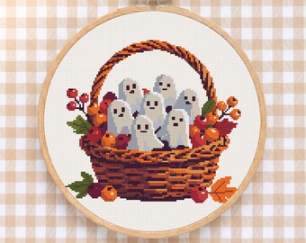 Spooky Ghosts Cross Stitch Pattern: Autumn Berry Basket, Halloween Spooky Creature Chart (PDF)