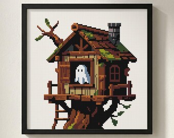 Ghost Treehouse Cross Stitch Pattern: Halloween Spooky Woods Sampler, Rustic Forest Home Square (PDF)
