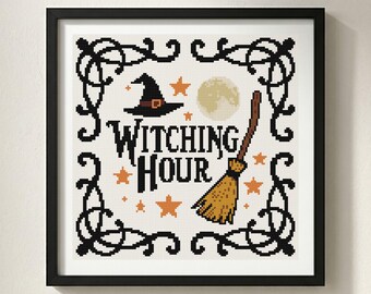 Witching Hour Cross Stitch Pattern: Witch Broom Full Moon, Halloween Vine Border Chart (PDF)