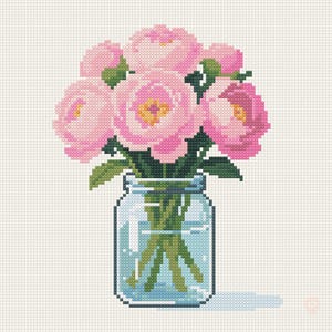 May include: A cross-stitch pattern featuring a bouquet of pink peonies with yellow centers and green leaves arranged in a clear glass mason jar filled with water. The design is rendered on a white grid background with visible pixelated stitches.