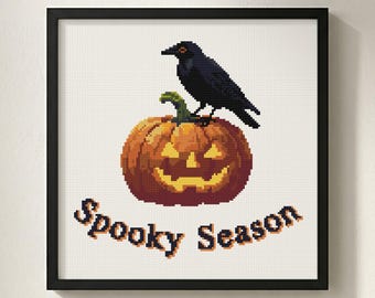 Spooky Season Crow Cross Stitch Pattern: Halloween Pumpkin Scene, Autumn Bird Quote Chart (PDF)