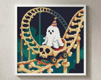 Spooky Halloween Cross Stitch Pattern: Ghost Roller Coaster Bone, Theme Park Art (PDF Chart)