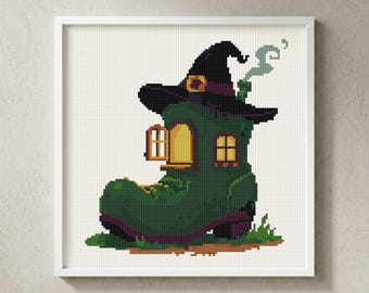 Tiny House Cross Stitch Pattern: Witch Boot Halloween Spooky Cottage, Magical Fairytale Embroidery (PDF)