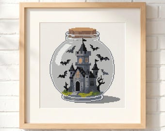 Haunted Castle Cross Stitch Pattern: Spooky Terrarium Jar, Halloween Bat Needlework Sampler (PDF Chart)