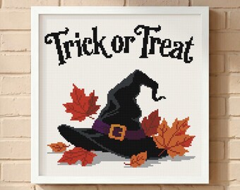 Trick or Treat Witch Hat Cross Stitch Pattern: Autumn Maple Leaf Typography Chart (PDF)