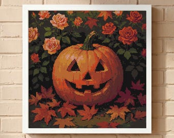 Pumpkin Jack O Lantern Cross Stitch Pattern: Autumn Rose Floral, Halloween Square Sampler (PDF)