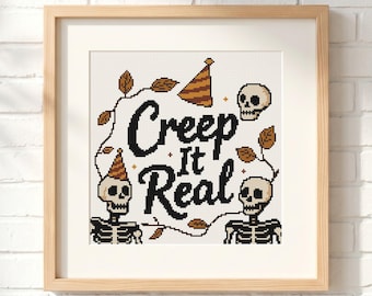 Creep It Real Cross Stitch Pattern: Skeleton Party Typography, Halloween Vine Foliage Chart (PDF)