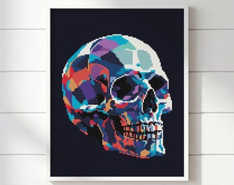 Crystal Skull Cross Stitch Pattern: Geometric Portrait Chart, Gothic Halloween Mosaic Needlework (PDF Download)