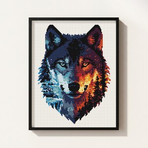 Wolf Ice Fire Portrait Cross Stitch Pattern, Arctic Wilderness Forest Flame Needlepoint (PDF Download)