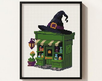 Witch Apothecary Shop Cross Stitch Pattern: Halloween Potion Portrait, Small Store Embroidery (PDF Download)