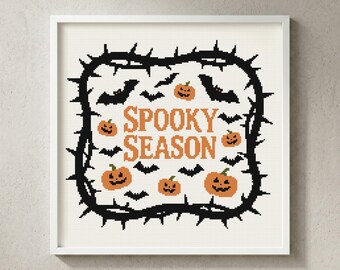 Spooky Season Cross Stitch Pattern: Bat Pumpkin Typography, Halloween Thorn Vine Border Chart (PDF)
