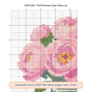 May include: A cross-stitch pattern chart titled CSP1026 - Pink Peonies Clear Glass Jar, featuring a grid with symbols and color blocks representing pink flowers and green leaves. The image includes a label stating Example from a PDF file: Multi-page Color Chart.