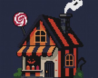 Small Spooky Candy Shop Cross Stitch Pattern: Halloween Lollipop Cottage, Little Ghost Needlework (PDF)