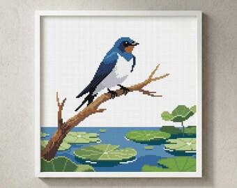 Barn Swallow Cross Stitch Pattern: Pond Lily Pad, Wild Bird Water Nature Scene (PDF)