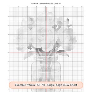 May include: A black and white cross stitch pattern chart titled CSP1026 - Pink Peonies Clear Glass Jar. The grid displays symbols representing a floral arrangement in a jar, with a red center line and a label at the bottom reading Example from a PDF file: Single-page B&W Chart.