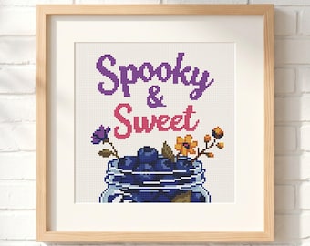 Spooky And Sweet Cross Stitch Pattern: Halloween Mason Jar, Blueberry Floral Quote Chart (PDF)