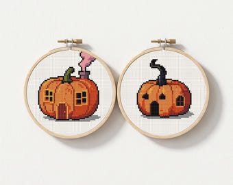 Tiny Pumpkin House Cross Stitch Pattern: Halloween Spooky Cottage, Landscape Autumn Art (PDF Download)