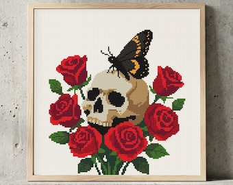 Moth Skull Wine Cross Stitch Pattern: Gothic Cottagegoth Halloween Spooky Bouquet Chart (PDF Download)