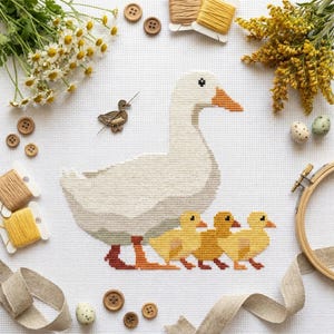 Mother Duck And Ducklings Cross Stitch Pattern, Minimalist Pond Animal Needlework Art (PDF Download)