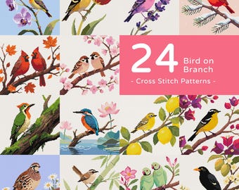 24 Bird On Branch Cross Stitch Pattern Bundle: Avian Wildlife Botanical Nature Collection (PDF)