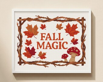 Fall Magic Cross Stitch Pattern: Maple Mushroom Typography, Halloween Twig Border Chart (PDF)