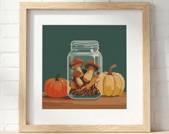 Mushroom Terrarium Jar Cross Stitch Pattern: Halloween Pumpkin Autumn, Cottagecore Forest Design (PDF Chart)