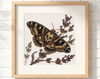 Gothic Moth Cross Stitch Pattern: Gothic Lavender Death Head Insect Floral Halloween Needlework (PDF)